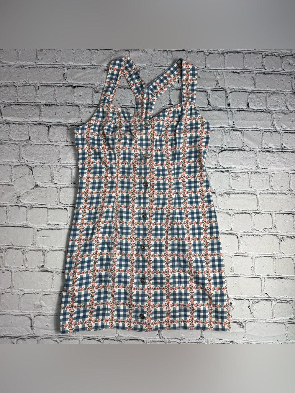 Vintage 90s Stefano Int. Blue Plaid Floral Button-Front Overall Dress Size 12